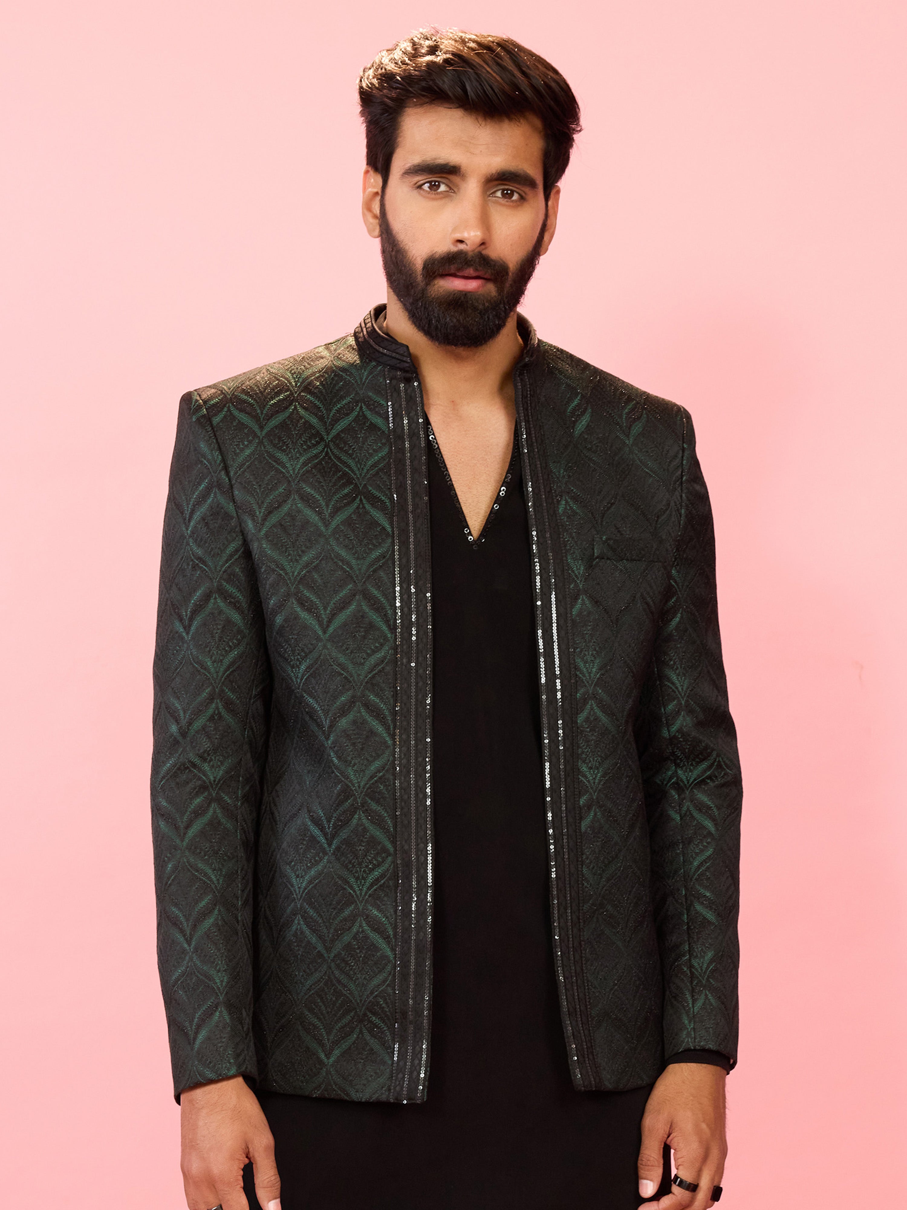 Men's Bottle Green Sequin Embossed Jodhpuri Blazer