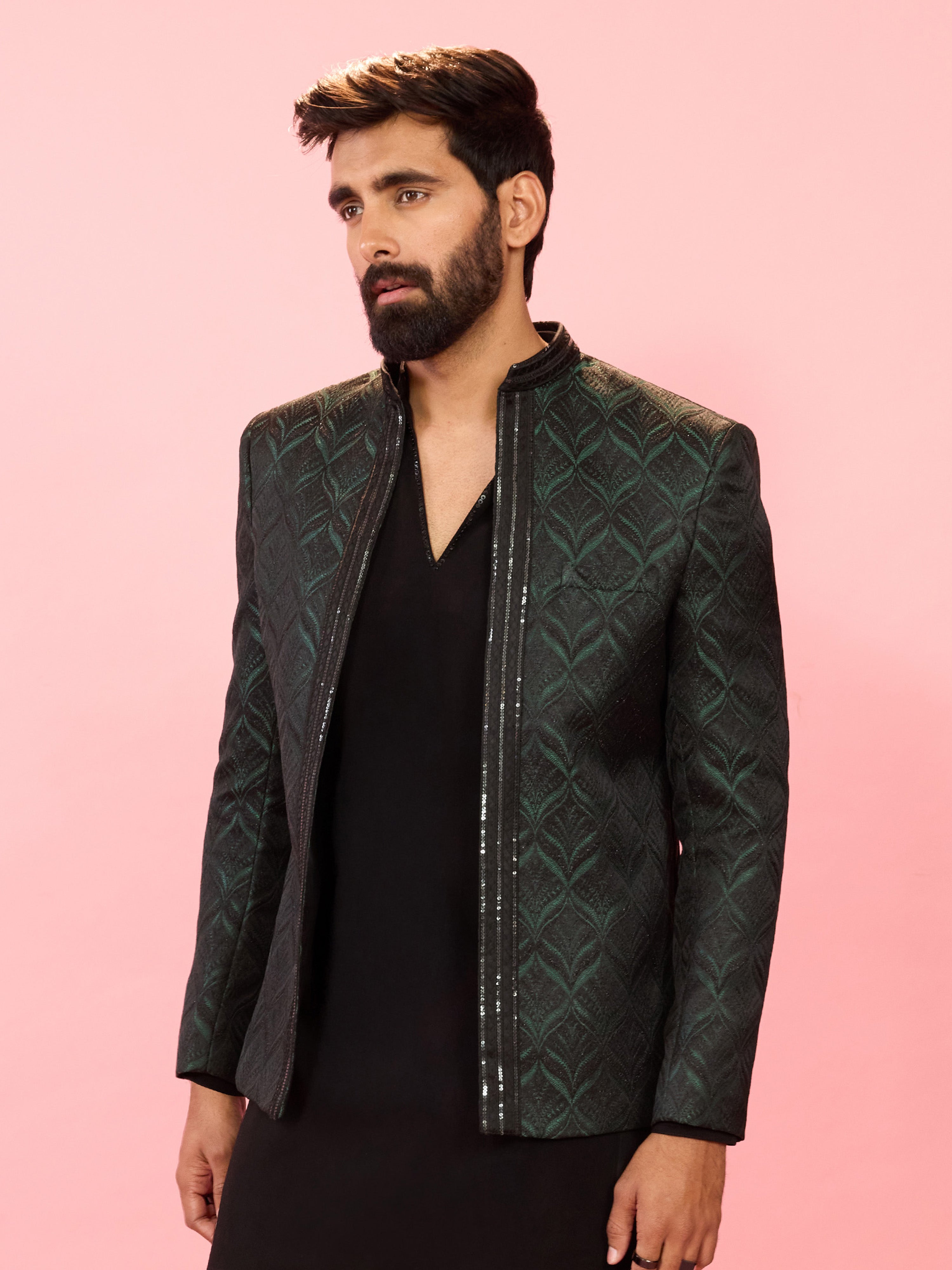 Men's Bottle Green Sequin Embossed Jodhpuri Blazer