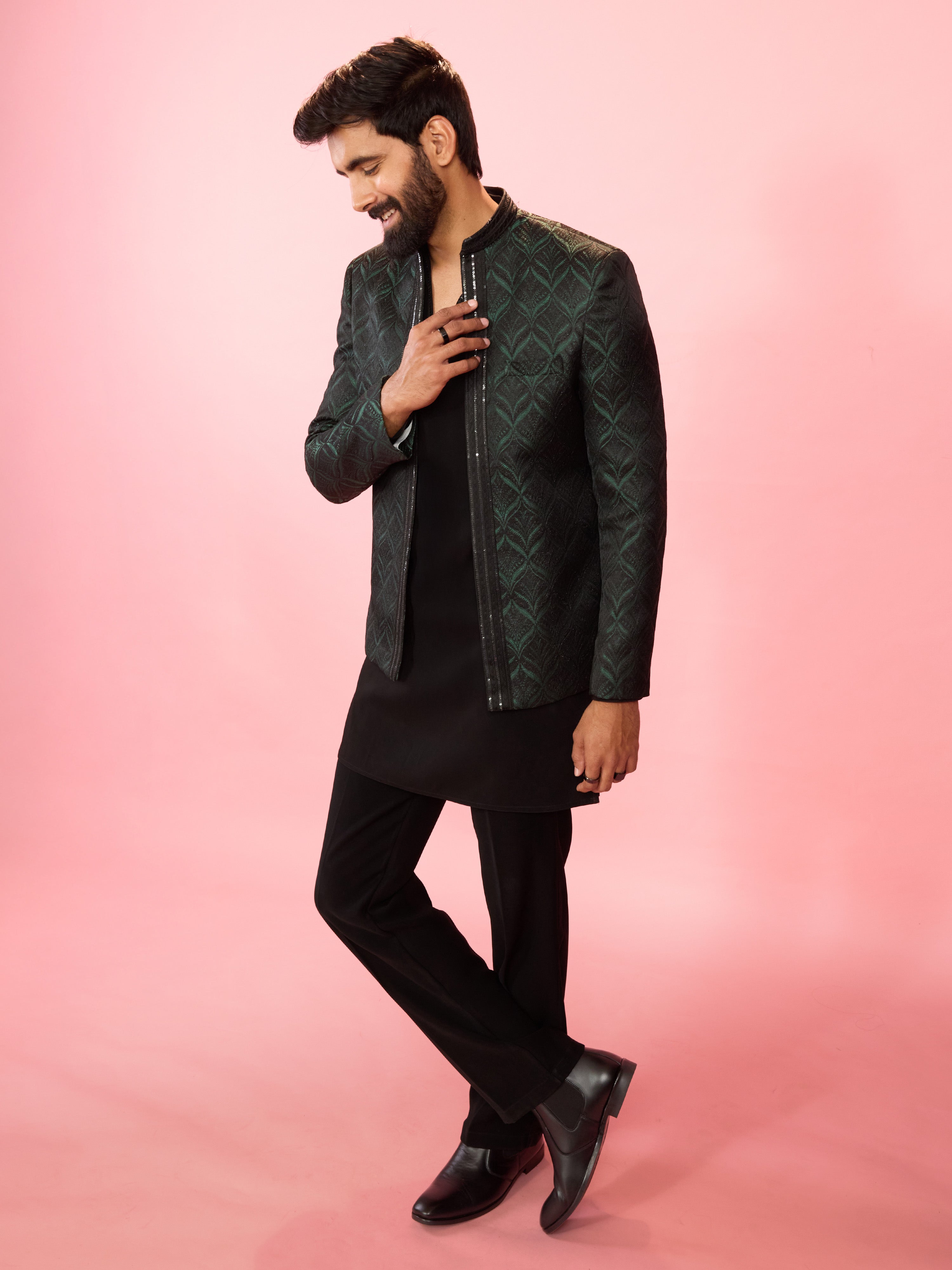 Men's Bottle Green Sequin Embossed Jodhpuri Blazer