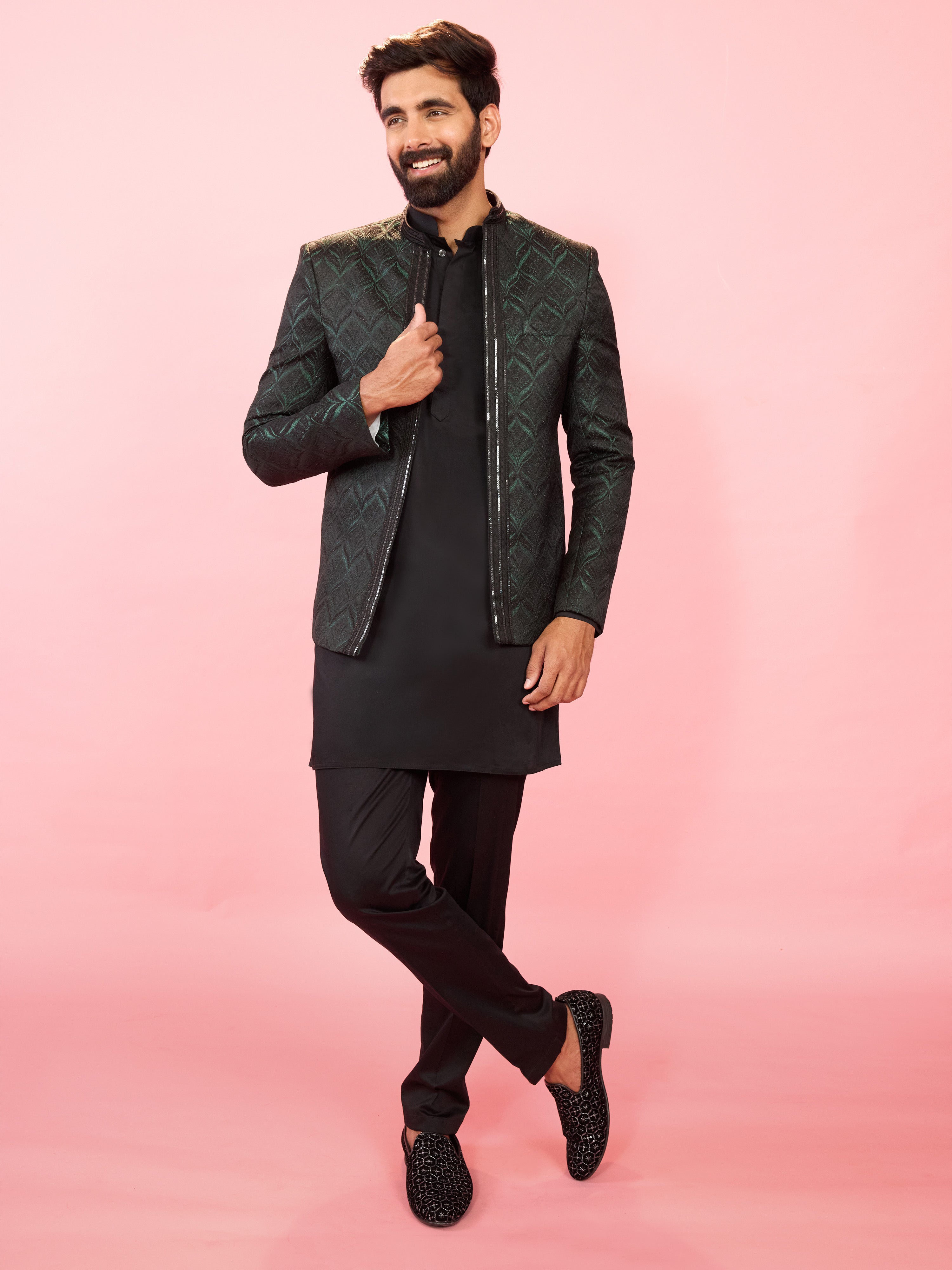 Men's Bottle Green Jodhpuri with Black Satin Kurta & Pant Pyjama Set