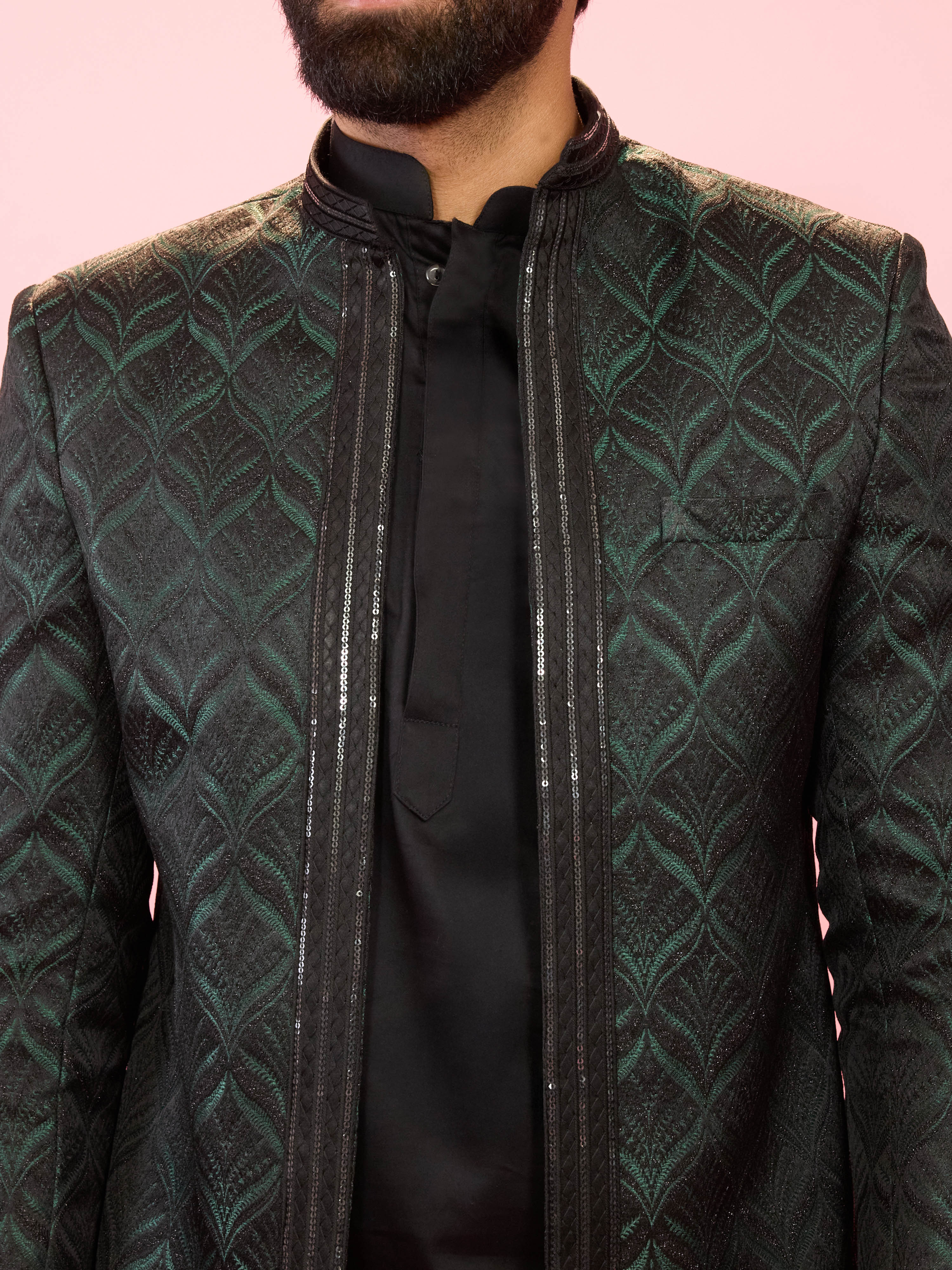 Men's Bottle Green Jodhpuri with Black Satin Kurta & Pant Pyjama Set