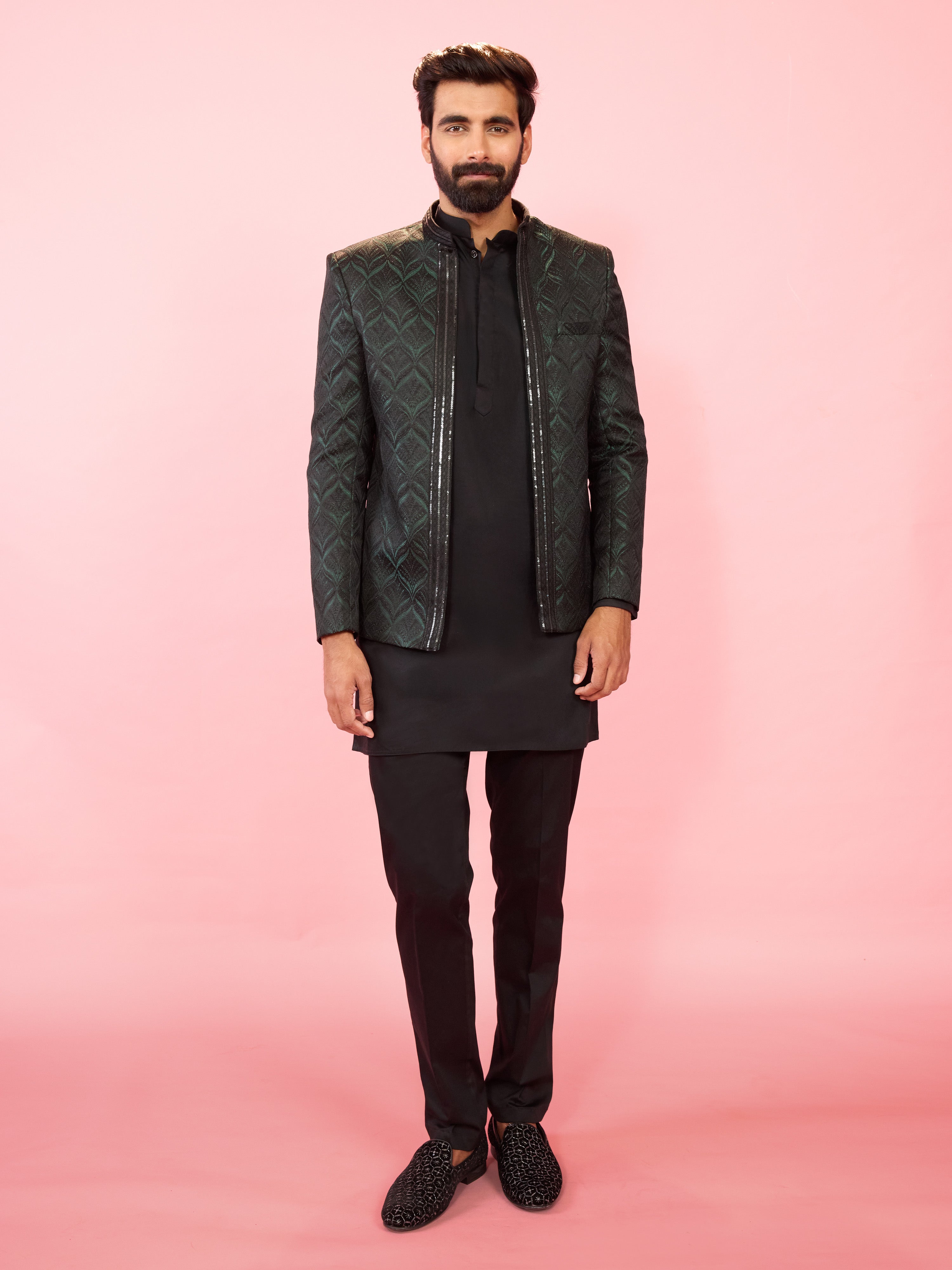 Men's Bottle Green Jodhpuri with Black Satin Kurta & Pant Pyjama Set