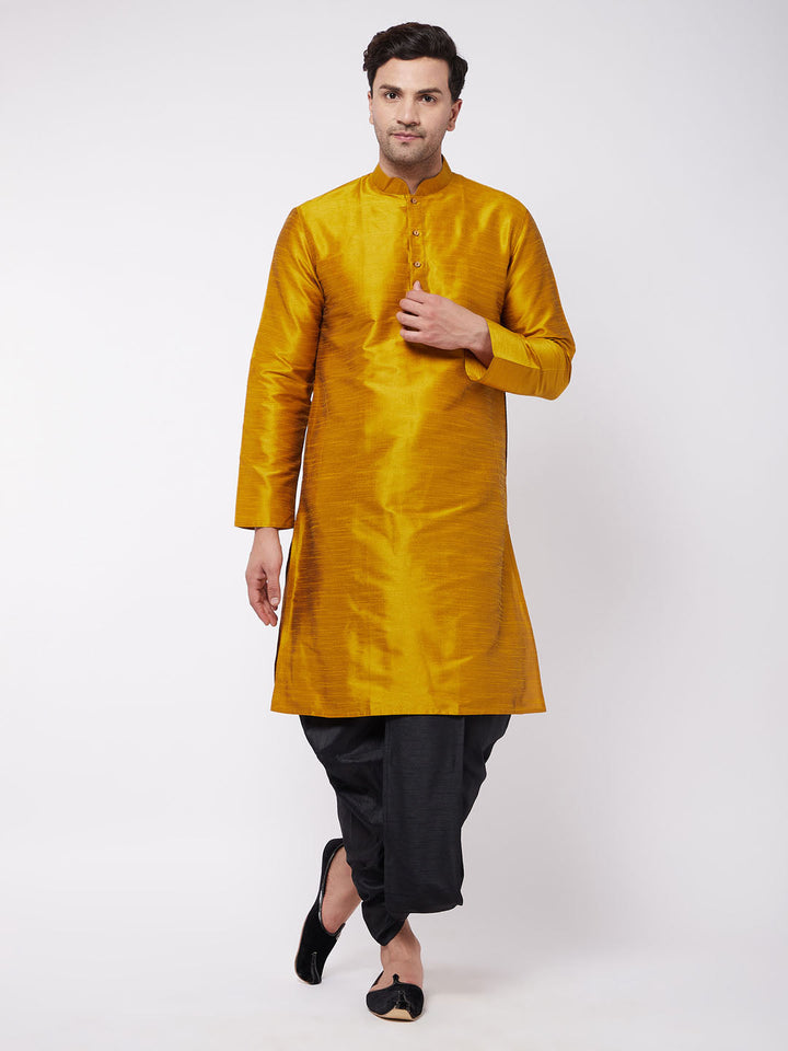 VM BY VASTRAMAY Men's Mustard And Black Silk Blend Dhoti Kurta Set