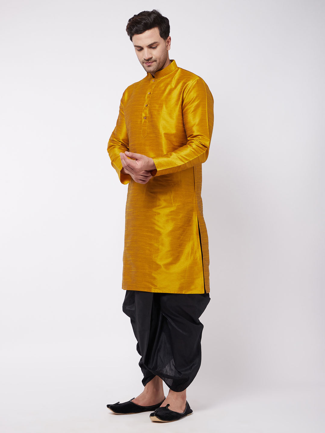 VM BY VASTRAMAY Men's Mustard And Black Silk Blend Dhoti Kurta Set