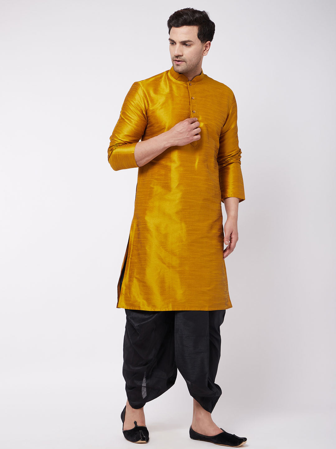 VM BY VASTRAMAY Men's Mustard And Black Silk Blend Dhoti Kurta Set