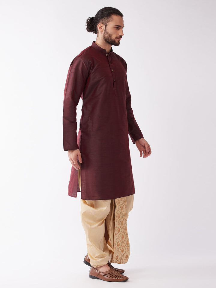 VM by VM BY VASTRAMAY Men's Burgundy Silk Blend Kurta And Gold Dhoti Set