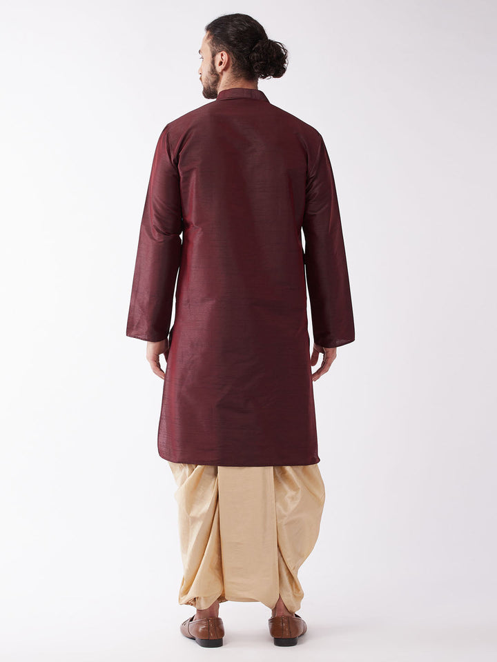 VM by VM BY VASTRAMAY Men's Burgundy Silk Blend Kurta And Gold Dhoti Set