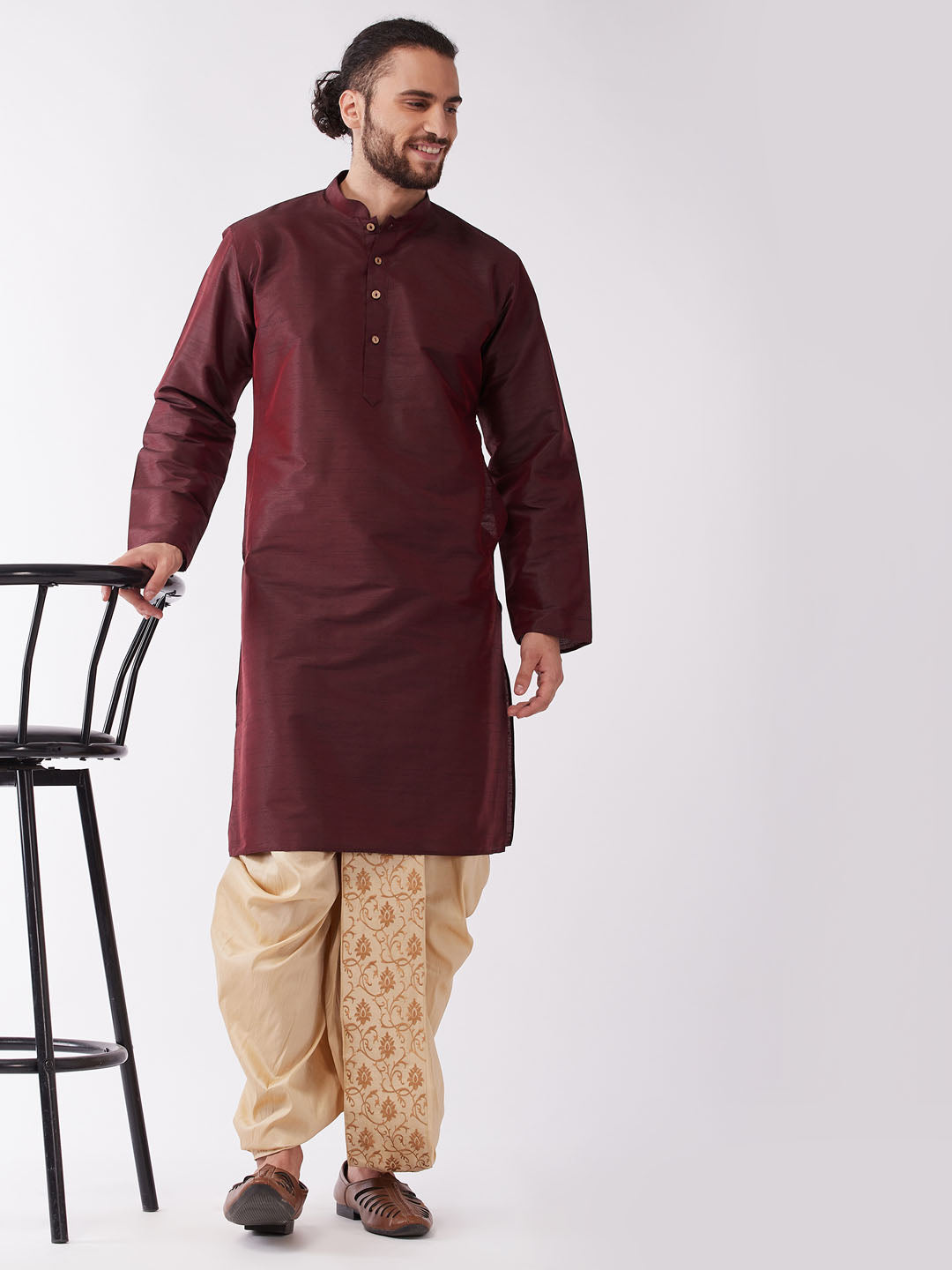 VM by VM BY VASTRAMAY Men's Burgundy Silk Blend Kurta And Gold Dhoti Set