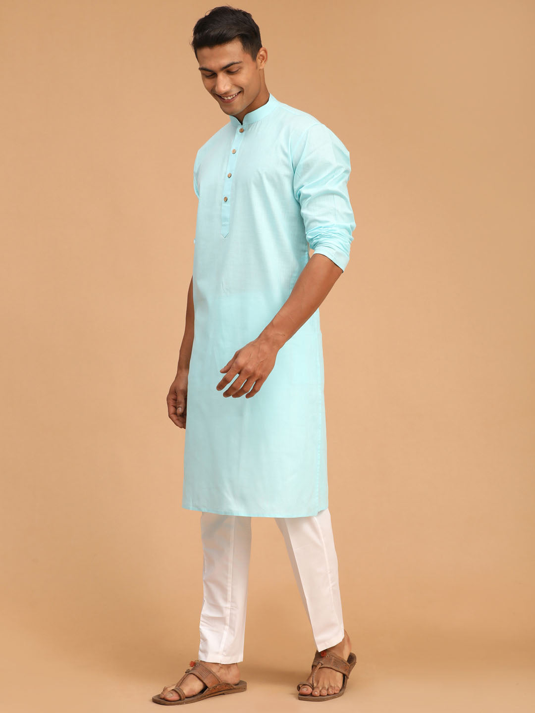 VASTRAMAY Men's Aqua Blue Cotton Kurta and Pyjama Set