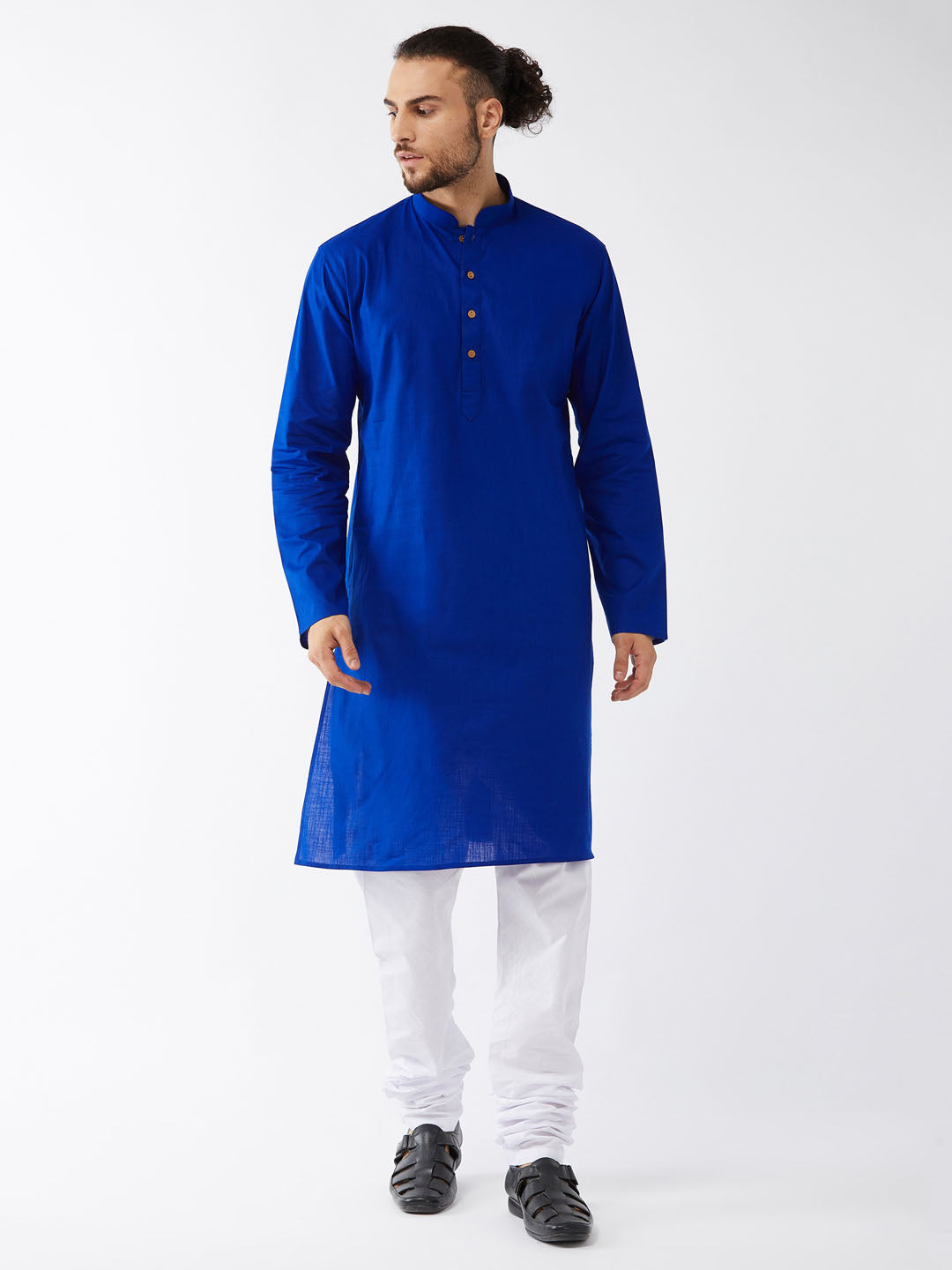 VASTRAMAY Men's Blue Cotton Kurta and White Pyjama Set