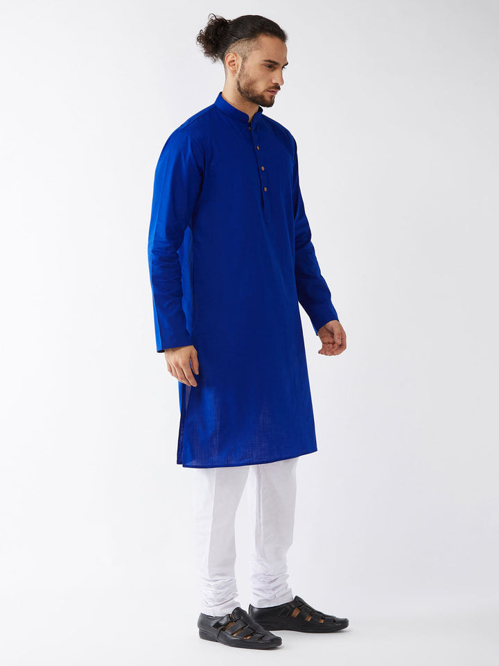 VASTRAMAY Men's Blue Cotton Kurta and White Pyjama Set