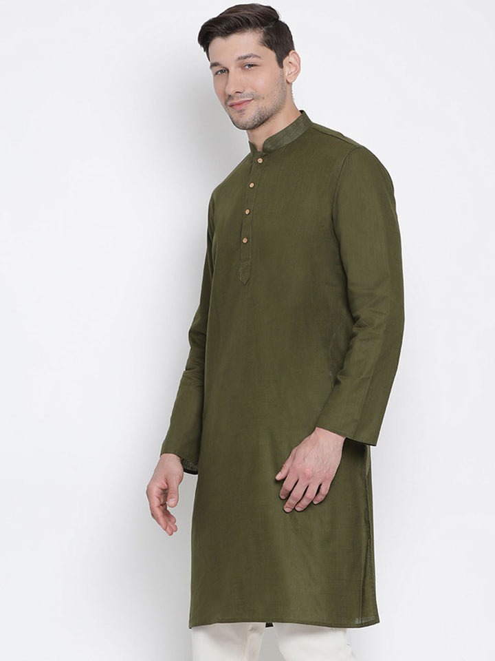 VASTRAMAY Men's Mehndi Green Cotton Kurta