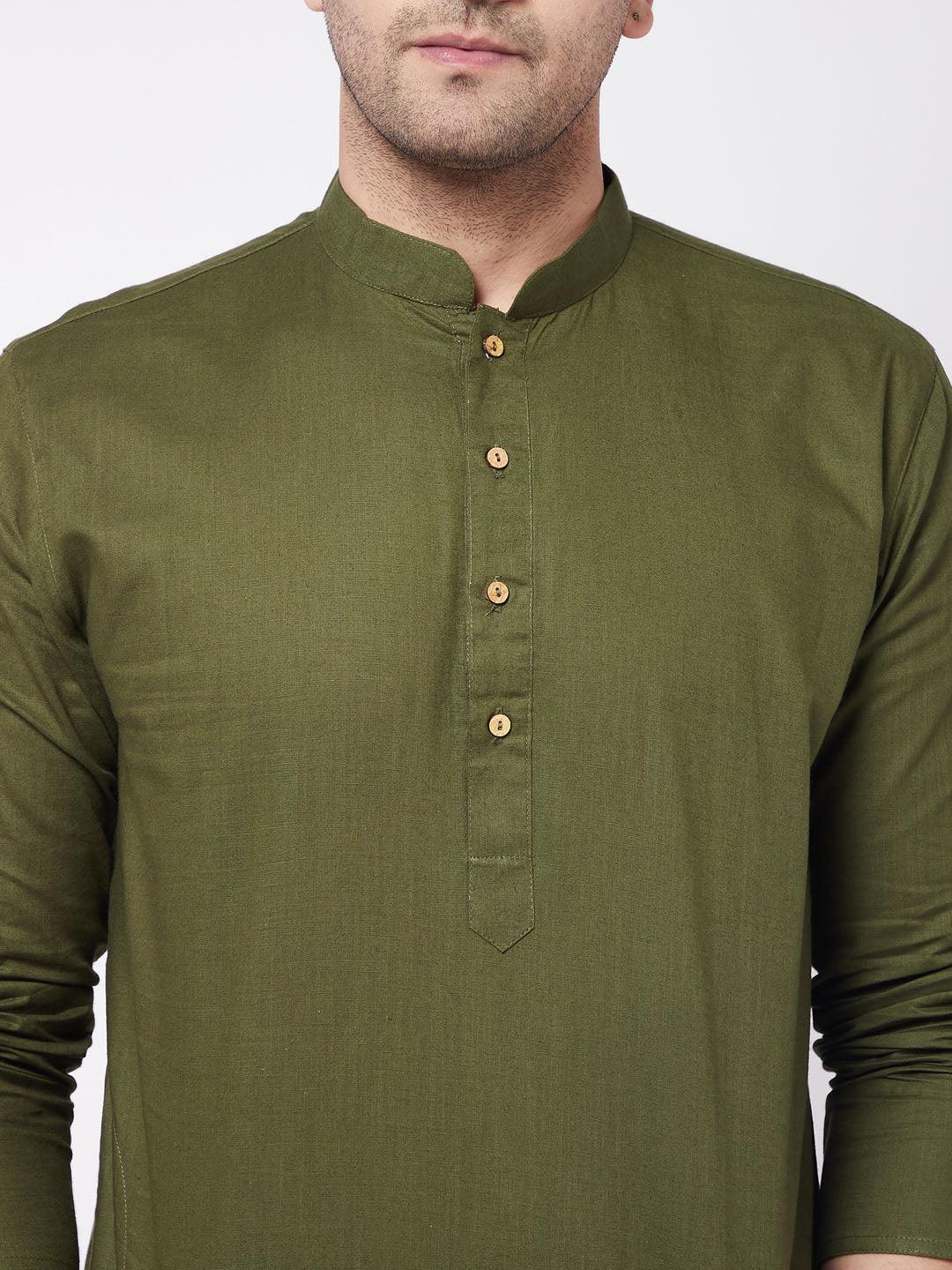 Men's Mehendi Green Solid Cotton Blend Kurta And White  Pyjama Set