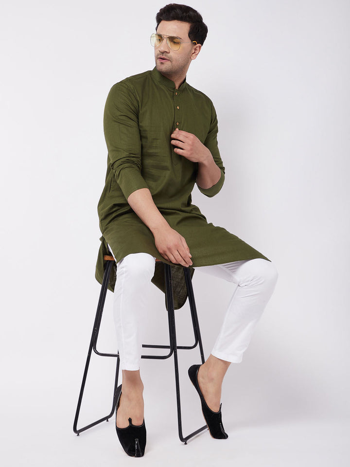 VASTRAMAY Men's Mehendi Green Solid Cotton Blend Kurta And White  Pyjama Set