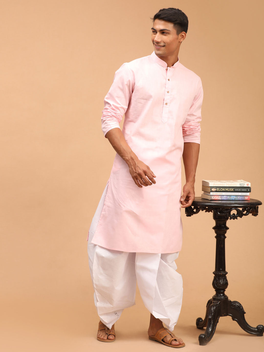 VASTRAMAY Men's Pink Cotton Kurta and White Solid Dhoti Set