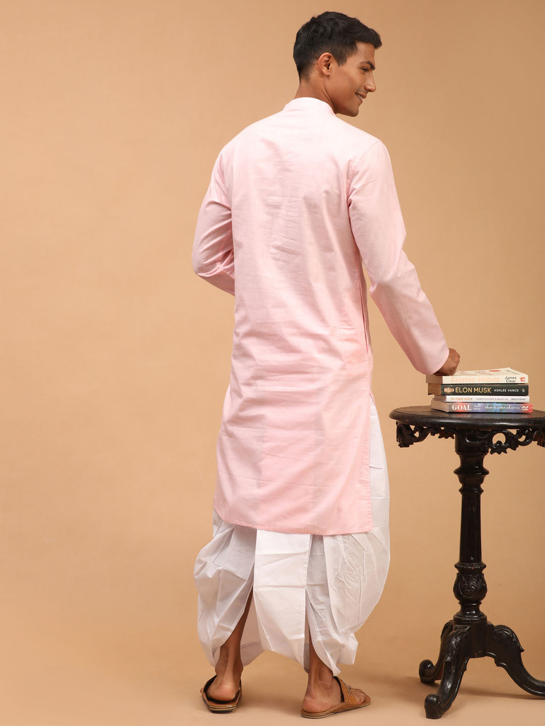 VASTRAMAY Men's Pink Cotton Kurta and White Solid Dhoti Set