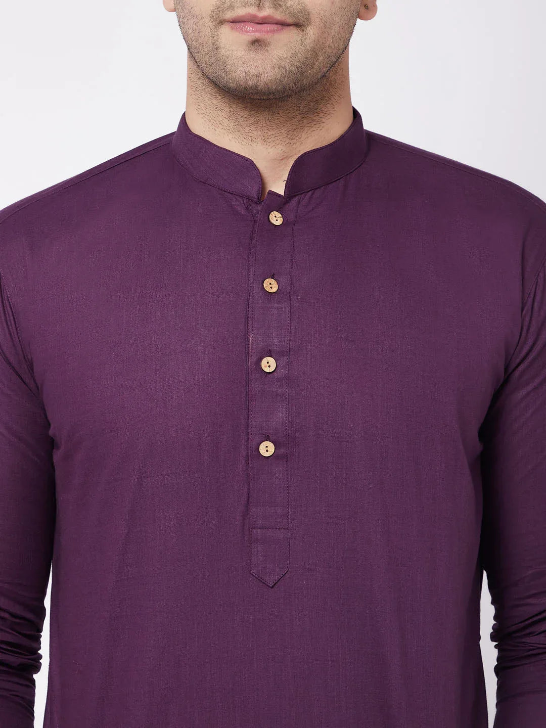 Men's Purple Solid Cotton Blend Kurta And White Cotton Pant Set