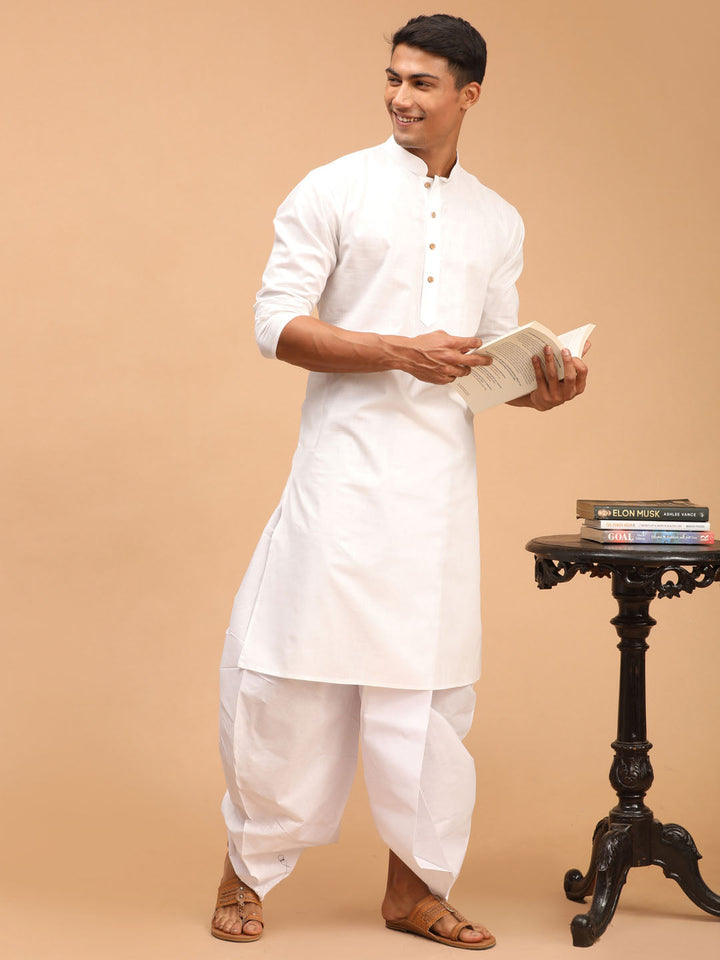 VASTRAMAY Men's White Cotton Kurta With White Solid Dhoti Set