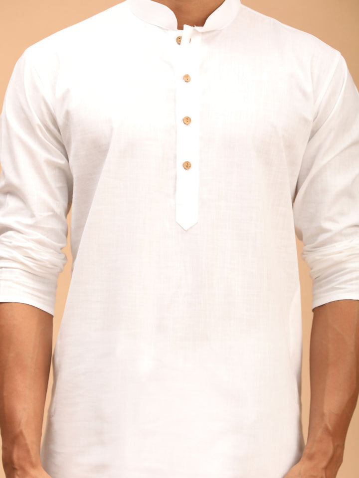 VASTRAMAY Men's White Cotton Kurta With White Solid Dhoti Set