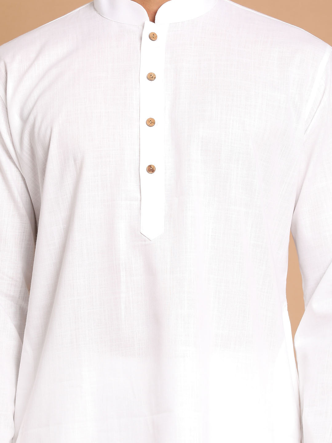 Men White Kurta And Cotton Pant Set With Prayer Cap