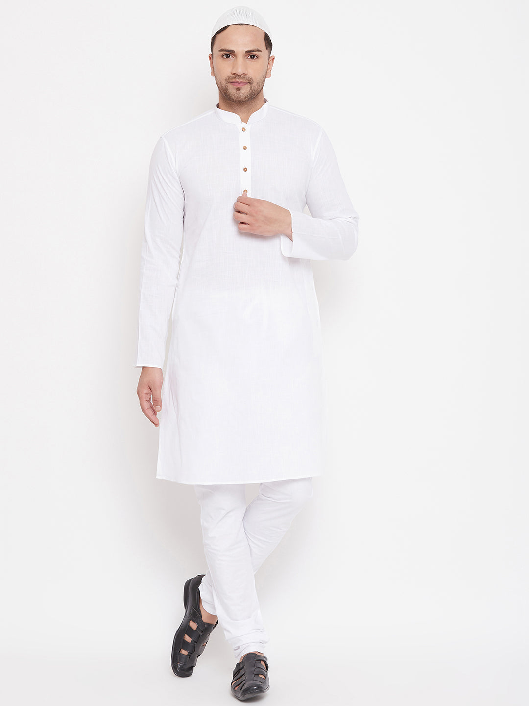 VASTRAMAY Men's White Cotton Linen Blend Kurta Churidar Set