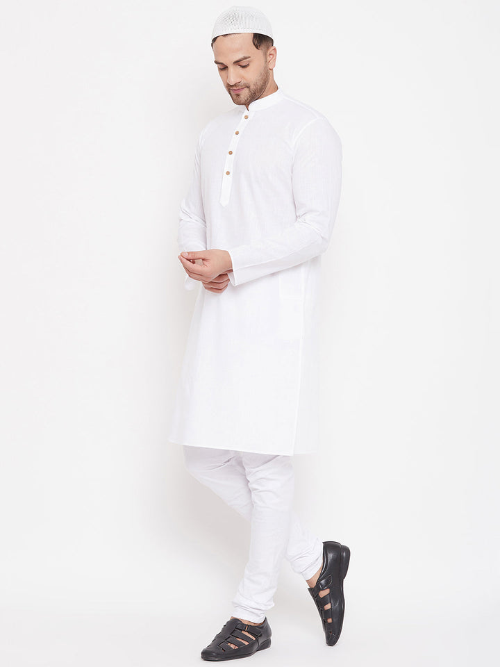 VASTRAMAY Men's White Cotton Linen Blend Kurta Churidar Set