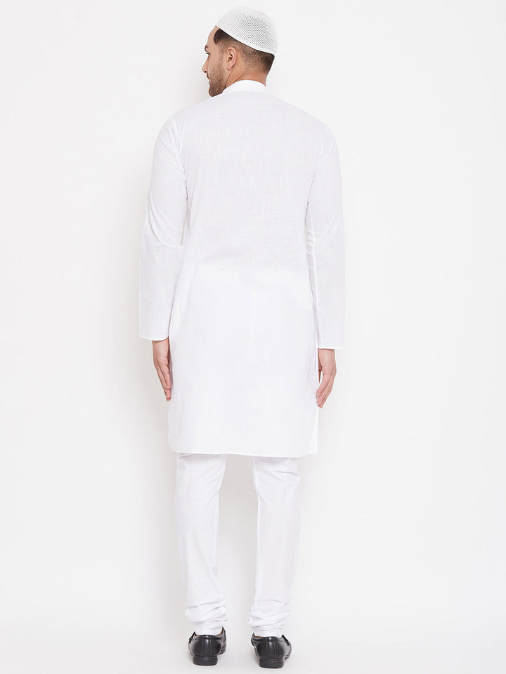 VASTRAMAY Men's White Cotton Linen Blend Kurta Churidar Set