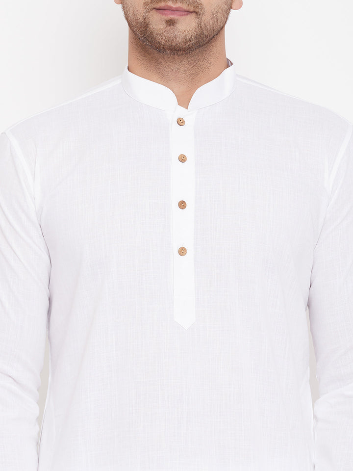 VASTRAMAY Men's White Cotton Linen Blend Kurta Churidar Set