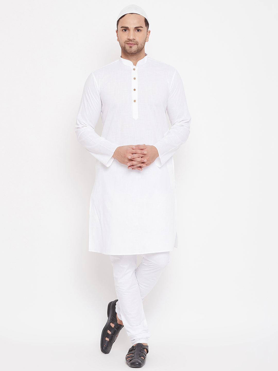 VASTRAMAY Men's White Cotton Linen Blend Kurta Churidar Set