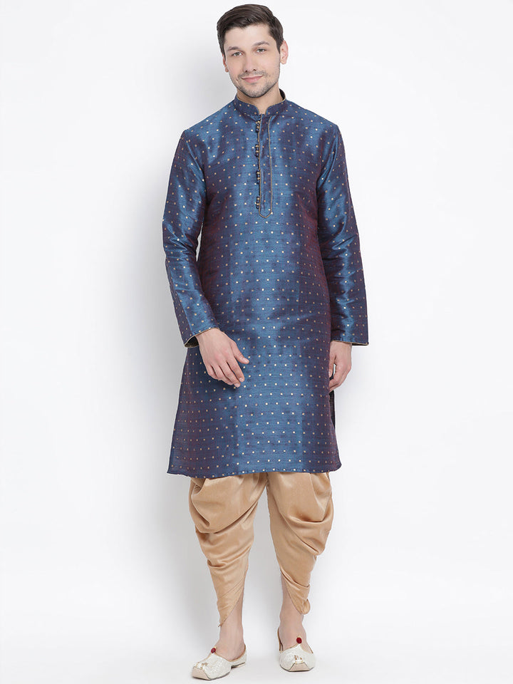 Vastramay Silk Blend Blue and Rose Gold Baap Beta Dhoti Kurta Set