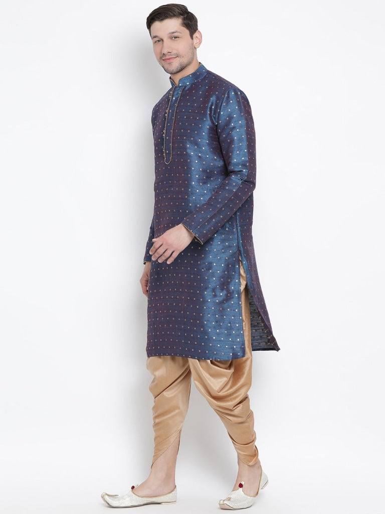 Vastramay Silk Blend Blue and Rose Gold Baap Beta Dhoti Kurta Set