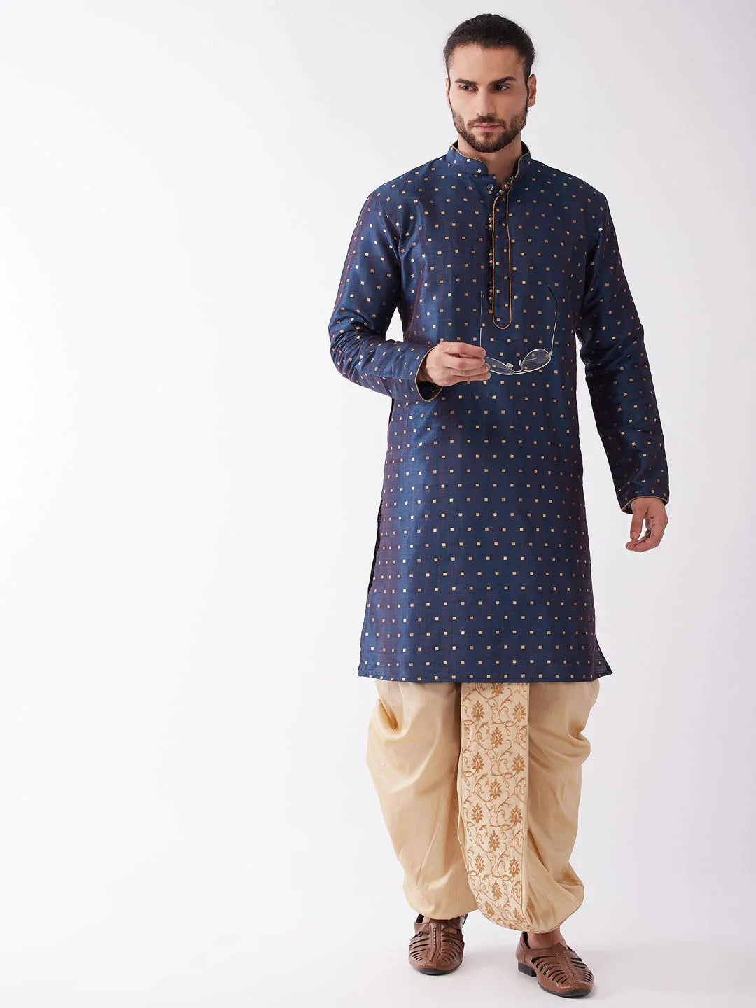 Men's Blue Zari Weaved Kurta Dhoti Set