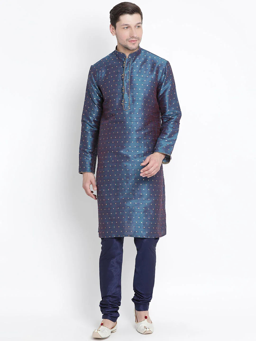 VASTRAMAY Men's Blue Zari Weaved Kurta Pyjama Set