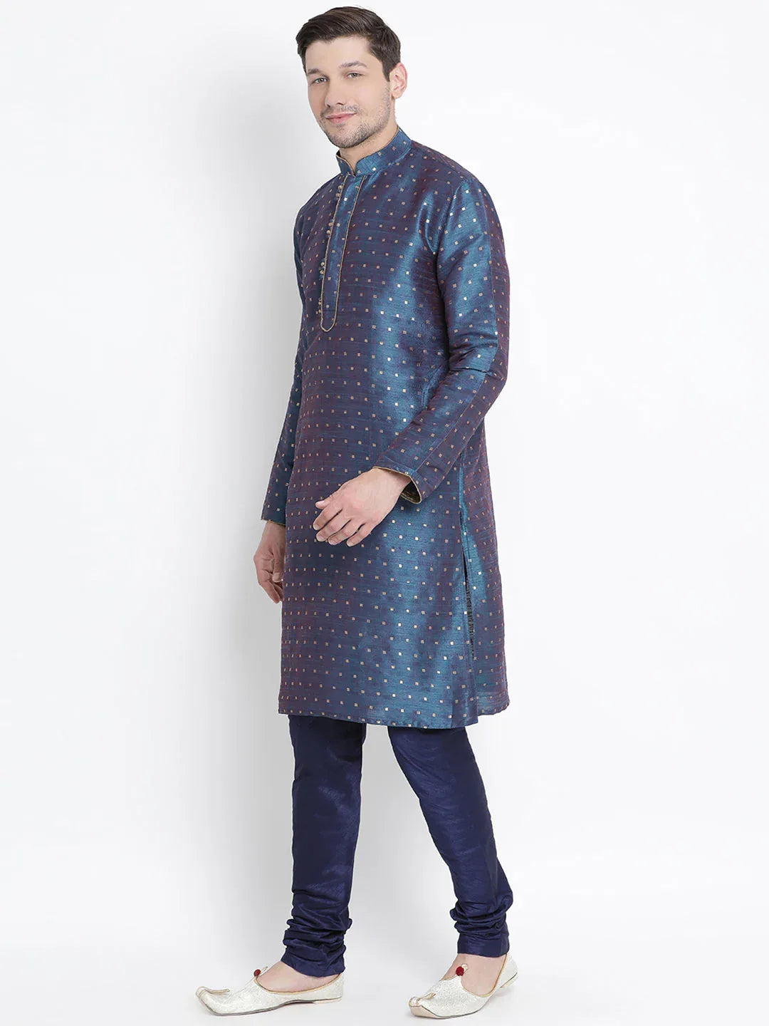 VASTRAMAY Men's Blue Zari Weaved Kurta Pyjama Set