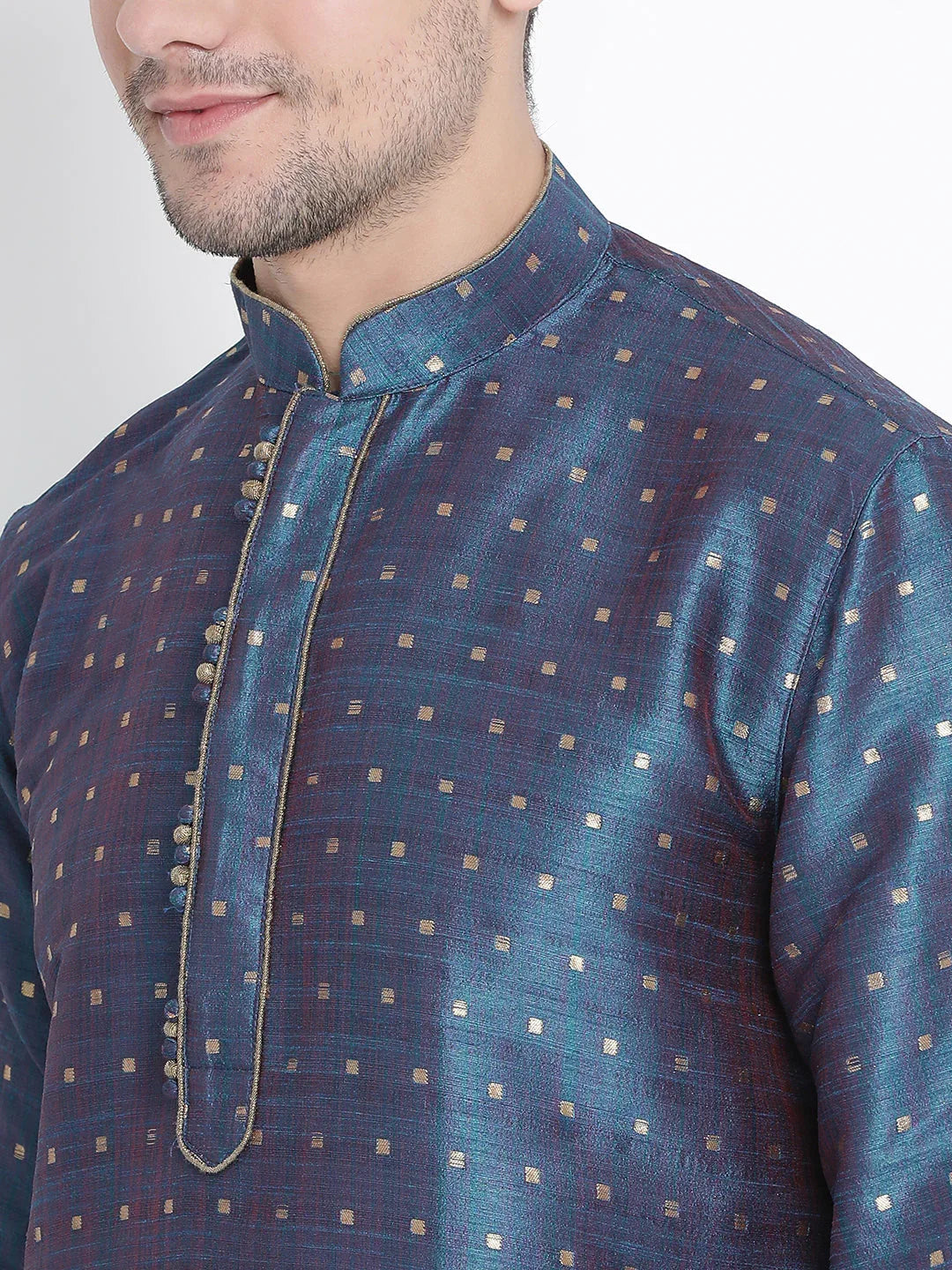 VASTRAMAY Men's Blue Zari Weaved Kurta Pyjama Set