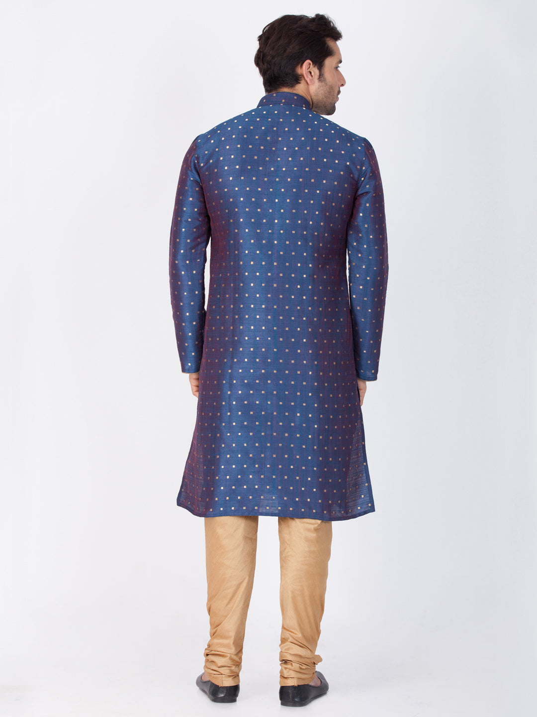 Vastramay Silk Blend Blue and Rose Gold Baap Beta Kurta Pyjama set