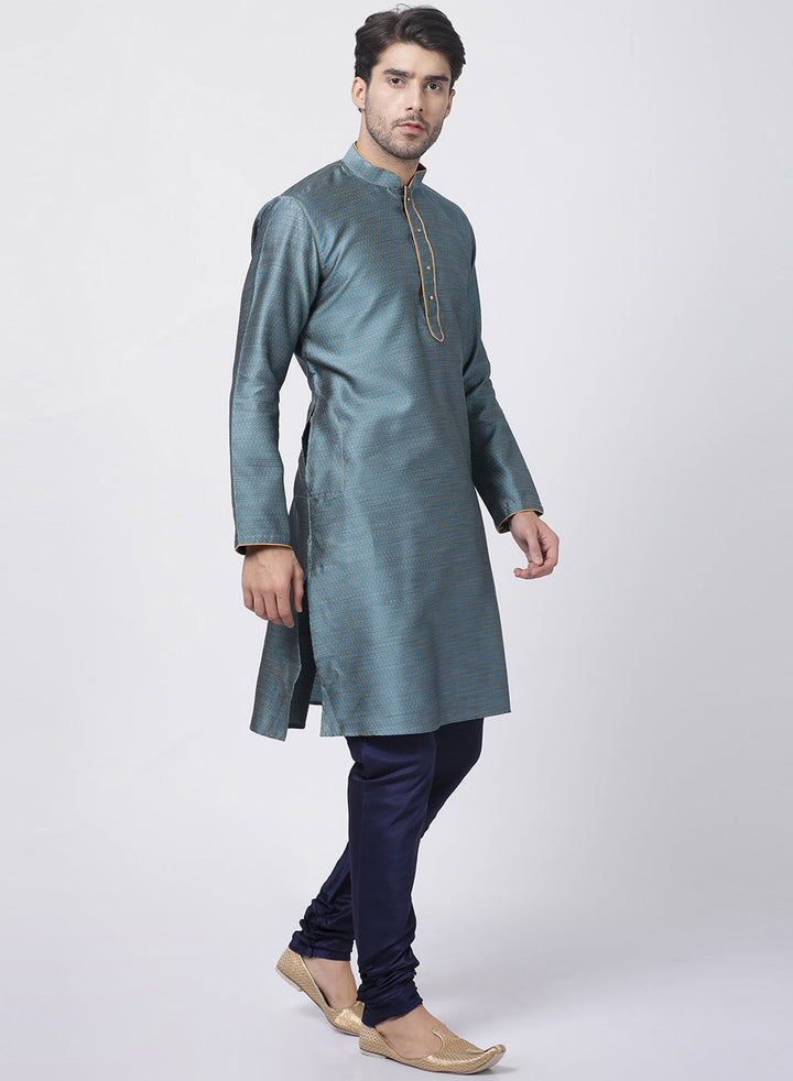 VASTRAMAY Men's Light Blue Cotton Silk Blend Kurta and Pyjama Set