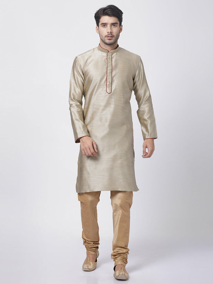 Vastramay Silk Blend Beige and Rose Gold Baap Beta Kurta Pyjama set