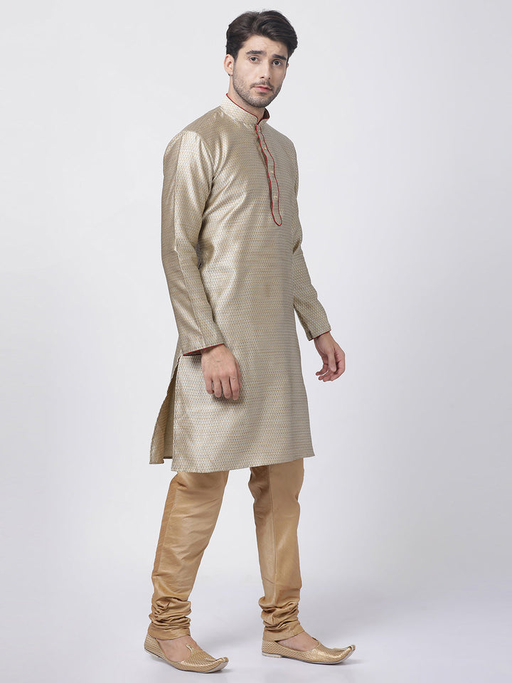 Vastramay Silk Blend Beige and Rose Gold Baap Beta Kurta Pyjama set