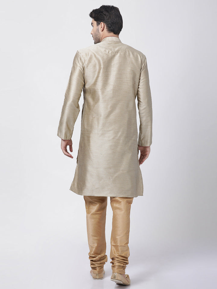 Vastramay Silk Blend Beige and Rose Gold Baap Beta Kurta Pyjama set