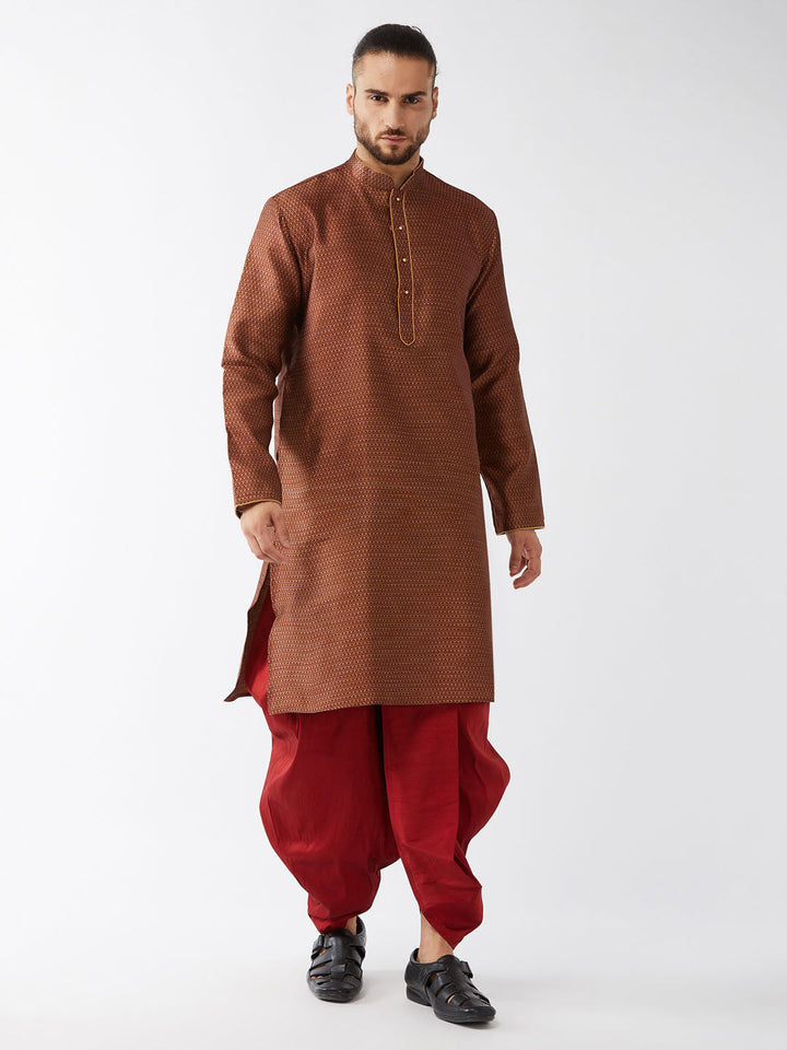 VM By VASTRAMAY Men's Maroon Silk Blend Kurta And Dhoti Set