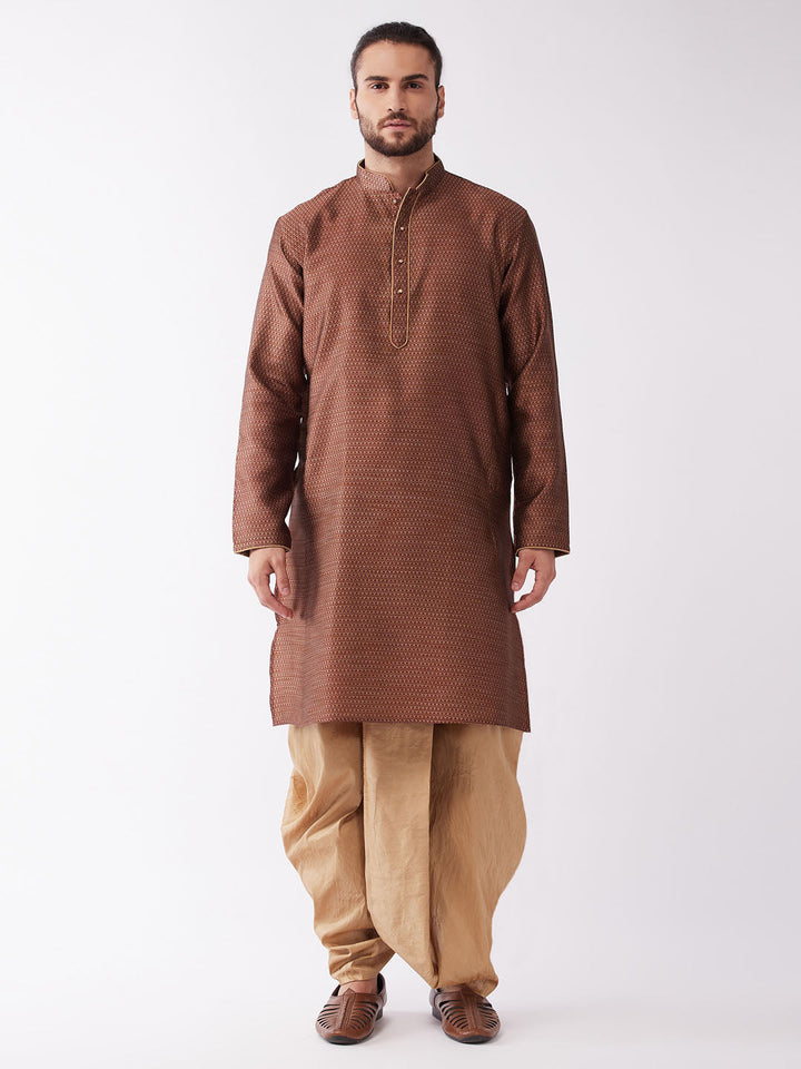 VM By VASTRAMAY Men's Maroon And Rose Gold Silk Blend Kurta And Dhoti Set