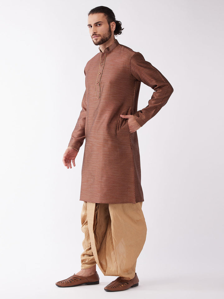 VM By VASTRAMAY Men's Maroon And Rose Gold Silk Blend Kurta And Dhoti Set