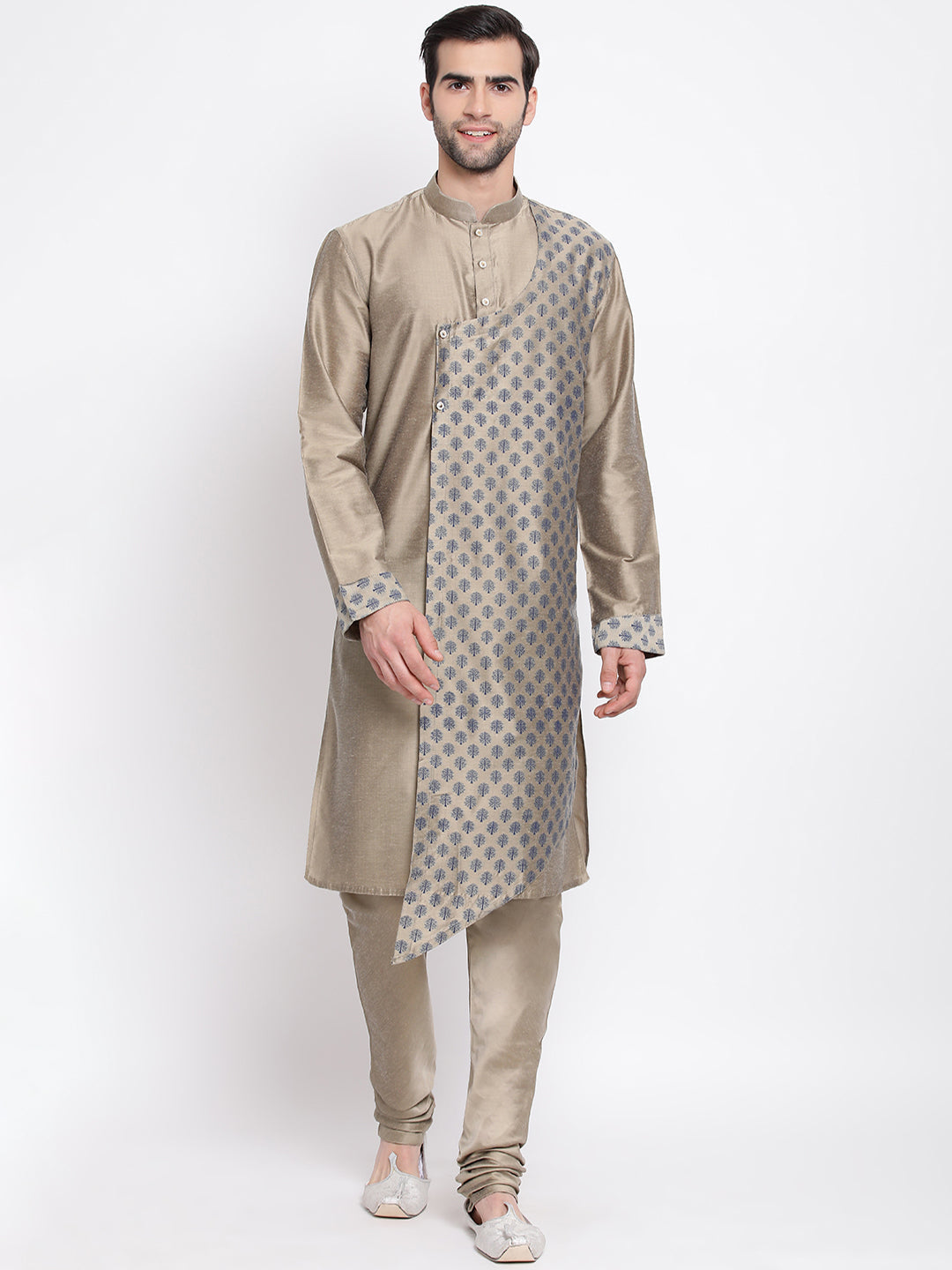 Vastramay Baap Beta Chiku Silk Blend Printed Angrakha Design Kurta Pyjama Set