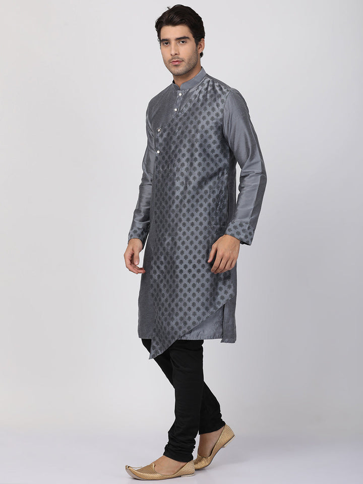 VASTRAMAY Men's Grey Cotton Silk Blend Kurta and Churidar Set