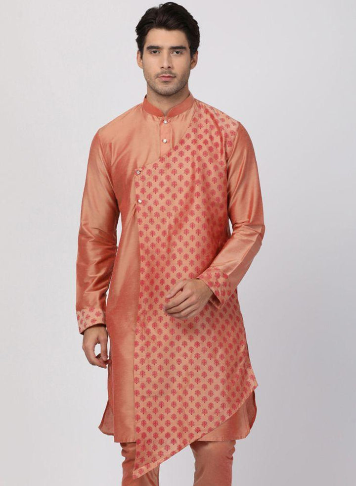 VASTRAMAY Men's Peach Cotton Silk Blend Kurta