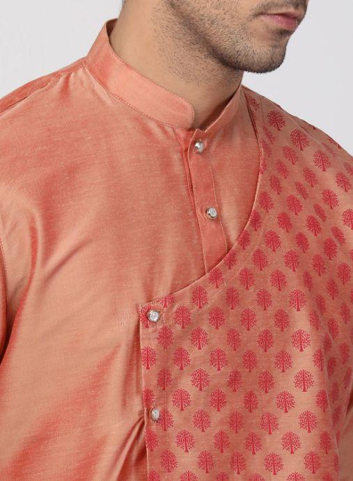 VASTRAMAY Men's Peach Cotton Silk Blend Kurta