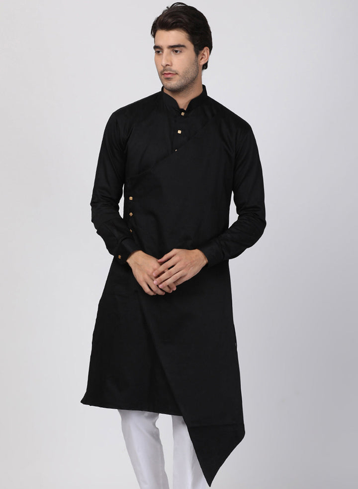 VASTRAMAY Men's Black Cotton Silk Blend Kurta