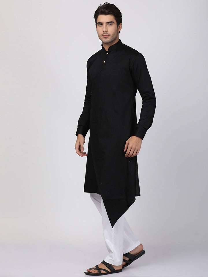 VASTRAMAY Men's Black Cotton Silk Blend Kurta