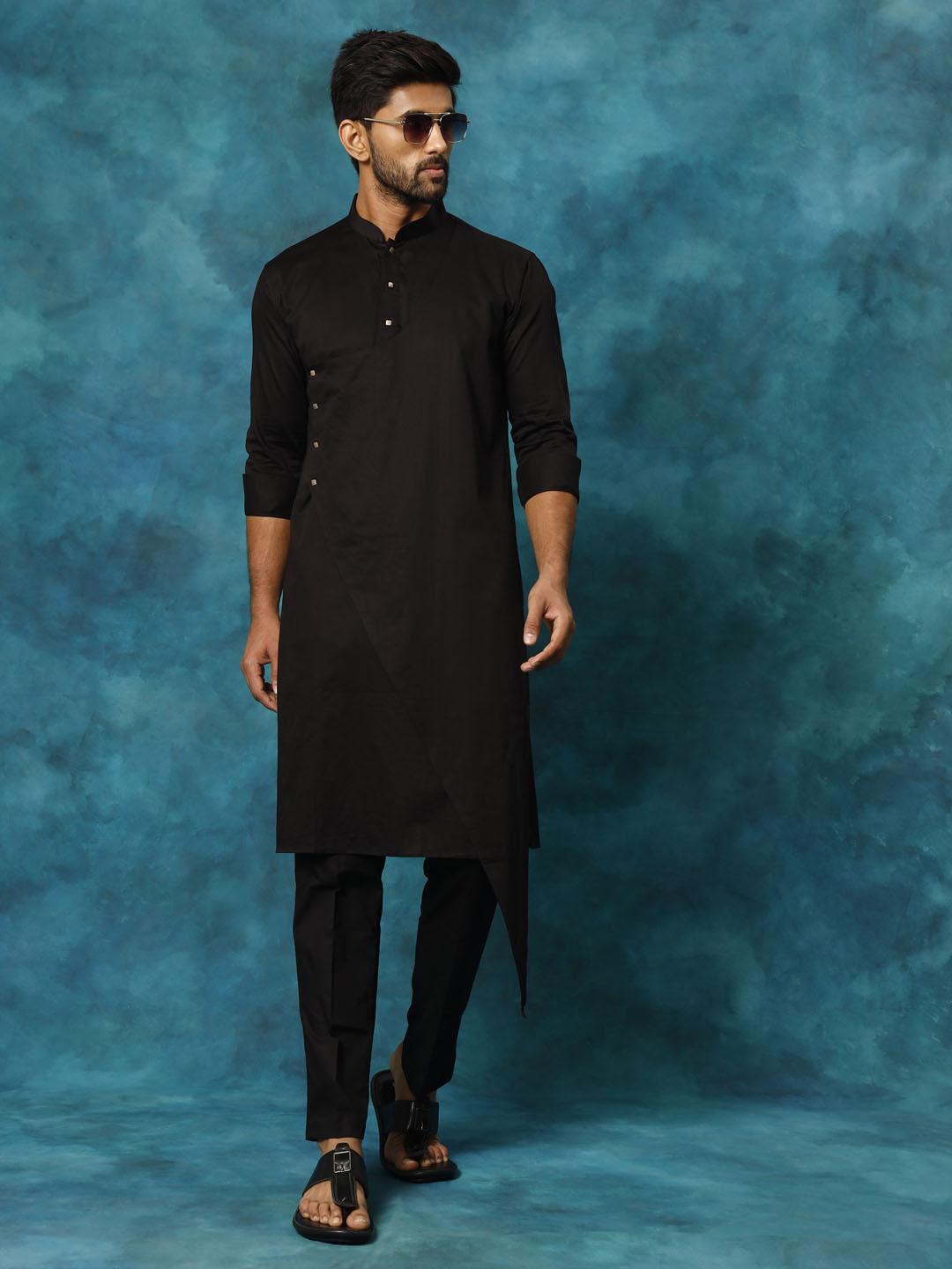 VASTRAMAY Men's Black Cotton Satin Blend Kurta Pyjama Set